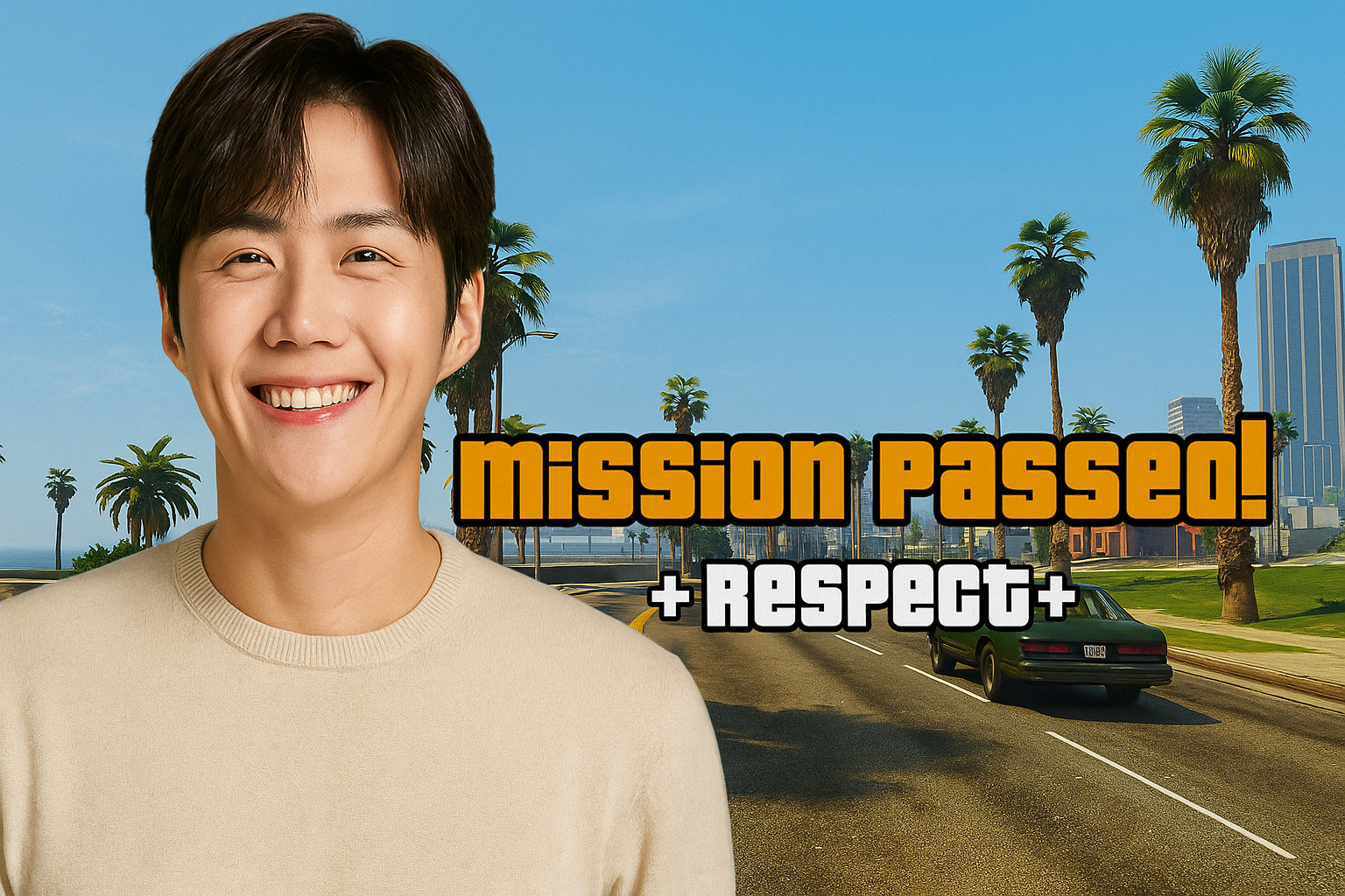 Kim Seon Ho senyum dengan efek ala GTA 6 mission complete